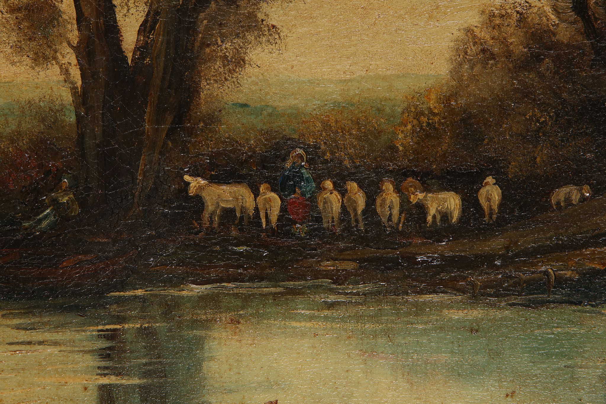 'The Fleece Washers'. Mid 19th century English school. Oil on canvas. At the rivers edge a group - Image 3 of 5