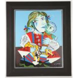 Homage to Pablo Picasso, portrait of a woman and infant in abstract,  studio framed  57x 47cm.
