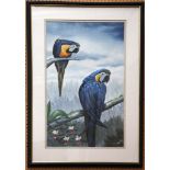 WITHDRAWN - A framed ornithological oil painting of two blue Macaws on tree branch, 63 x 39.5cm -