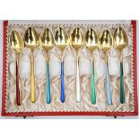 Danish silver gilt and enamel teaspoons, original case (8).