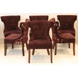 A set of 6 contemporary dining chairs, plum upholstery, button 'T' back, floral flock backs, dark