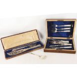 A late 19th century cased serving fork and knife, cased fish cutlery with mother of pearl handles