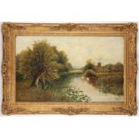 An English, late Victorian school - Rowings, spring time landscape near Cookham on Thames, oil on