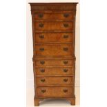 Narrow tallboy, burr walnut chest of 8 drawers, bracket feet, mid 20th century, 152 x 64cm.