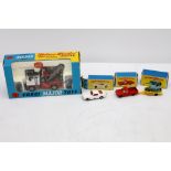 Matchbox 1960s die cast toys; 8 Ford Mustang white, 38c Honda motorcycle and trailer green / yellow,