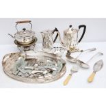 EPNS gallery tray, hot water jugs, spirit kettle and other items and cutlery.