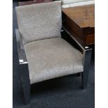 A pair of contemporary steel frame elbow chairs, ripple effect velour upholstery.