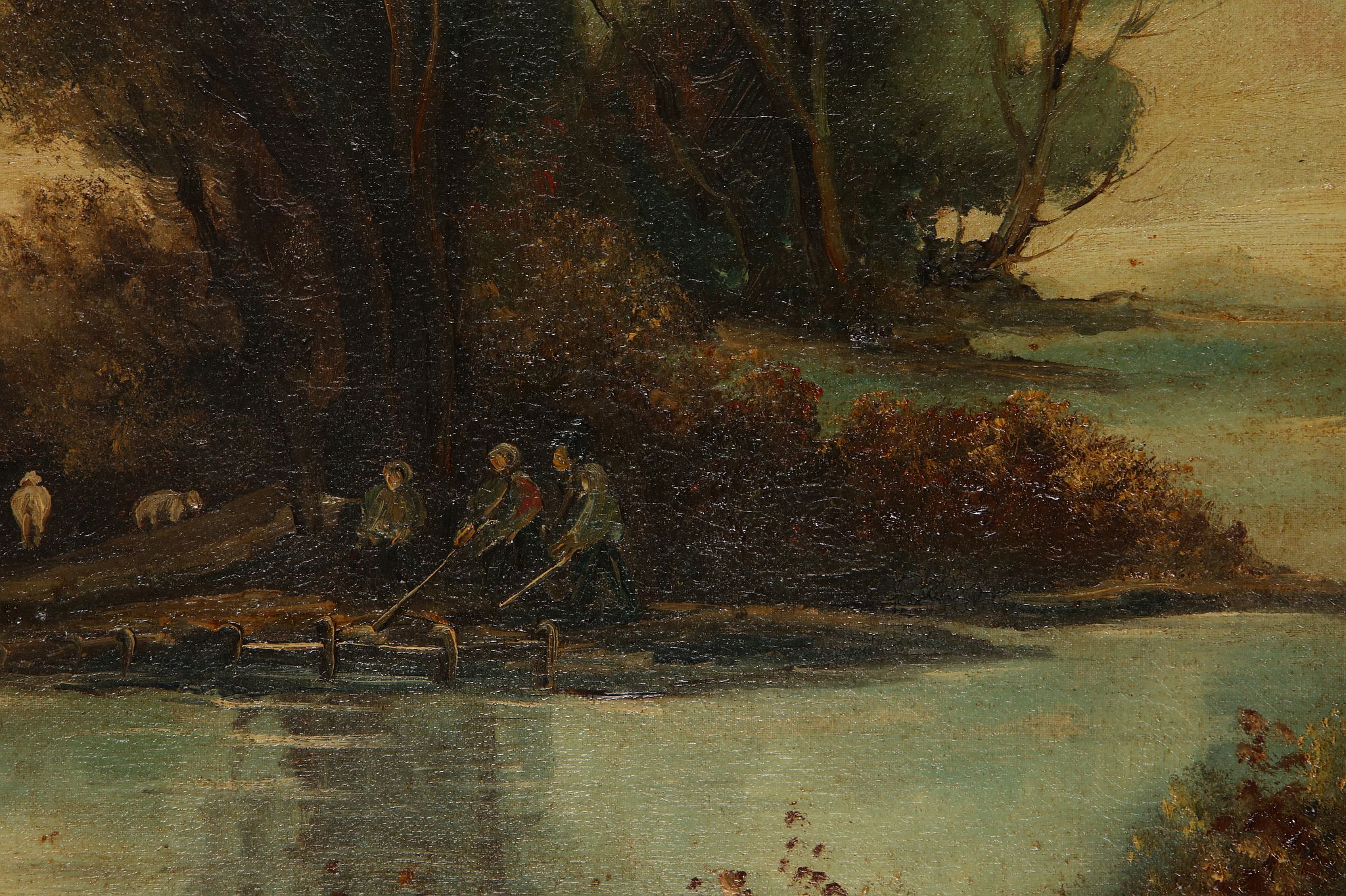 'The Fleece Washers'. Mid 19th century English school. Oil on canvas. At the rivers edge a group - Image 4 of 5