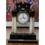 A LATE 19TH CENTURY EBONISED, ALABASTER AND MOTHER OF PEARL INLAID PORTICO CLOCK the architectural