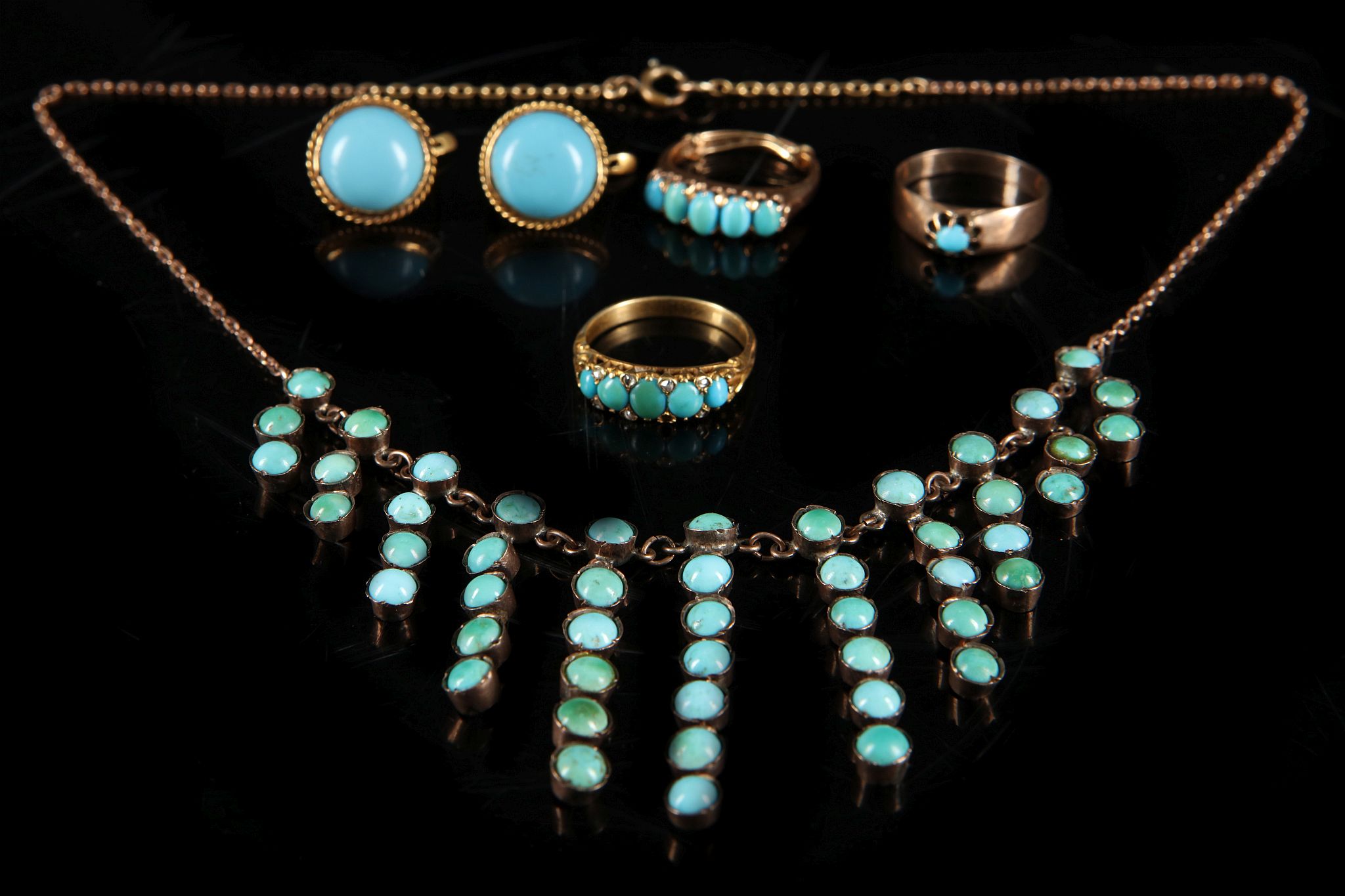A pair of 14k gold and turquoise cabouchon button earrings, together with two 14k gold and turquoise