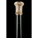 A FINE YELLOW METAL AND EBONISED HARDWOOD DRESS CANE. The crown of the yellow metal mushroom knop is