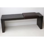 A contemporary solid wood bed stool, leather weave seat, 140 x 39.5cm.