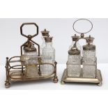 Two silver plated and cut glass cruet sets, each with cut glass bottles, one with four