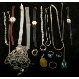 A boxed collection of silver and costume jewellery to include bracelets, rings and pendants,