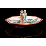 A Chinese famille rose octagonal dish with figures in a landscape, two realistically modelled