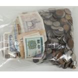 A bag of mixed coinage and foreign currency banknotes (Qty).