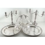 A collection of silver plated items to include a pair of 3 branch candelabra, 36cm h, a pair of