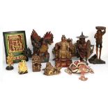 A Chinese hardwood carving of an immortal, together with other oriental wood carvings, various.