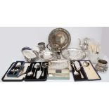 Silver plated items to include a pair of circular trays with encrusted edges, a 3 piece tea set with