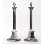 A pair of Corinthian column study lamps, stepped bases, silver plate, 50cm.