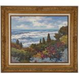 20th Century Italian school. 'Mare di Provence, St Raphael'. Coastal seascape with summer flowers