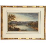 Circa 1840's English school. Watercolour riverscape view towards a modest city, with boats on the