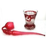 A 19th century Bohemian red flashed cut glass goblet, engraved with rural landscape, 14cm,