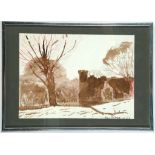 E.W. Gladstone, 20th century British. Watercolour sketch of a Welsh castle. Mounted and framed. 13 x