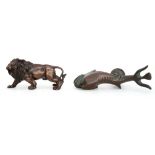 A 19th century bronze dolphin door knocker,  & a 19th century style bronze figure of a lion (2).,