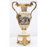 An early 19th century, Derby porcelain twin-handled vase, pained with topographical romantic