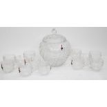 Continental crystal lidded punch bowl and mugs, bowl 22cm diameter.