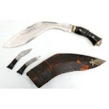 Mid war Kukri dagger, brass lion mask butt to decorated grip, 2 subsidiary blades, leather scabbard,