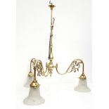 A Victorian tri arm gas lamp effect ceiling light, frosted petal shades, 74 x 64cm.