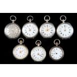 Seven antique silver cased fob watches, including some gilt embellished dials and all having