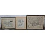 A 19th century hand coloured map of Jerusalem, together with other framed antique maps.