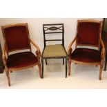 A pair of mahogany elbow chairs in William IV style, and a 19th century bobbin chair with brass