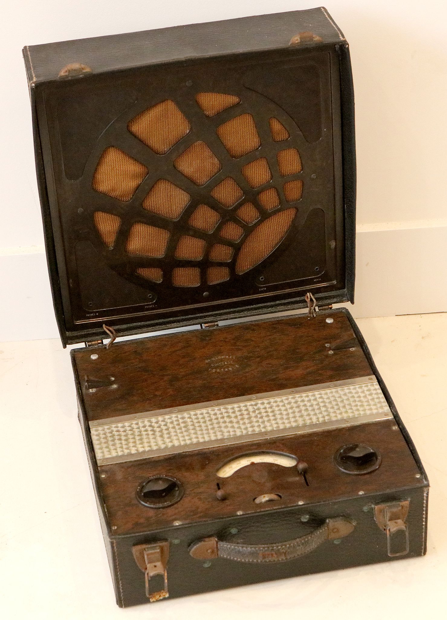 A vintage McMichael suitcase / portable radio with speaker in lid, black finish case, 39 x 39 x 22cm