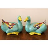 A twin pair of 20th century Chinese porcelain ducks, painted in Maiollica style, marks to legs, 23cm