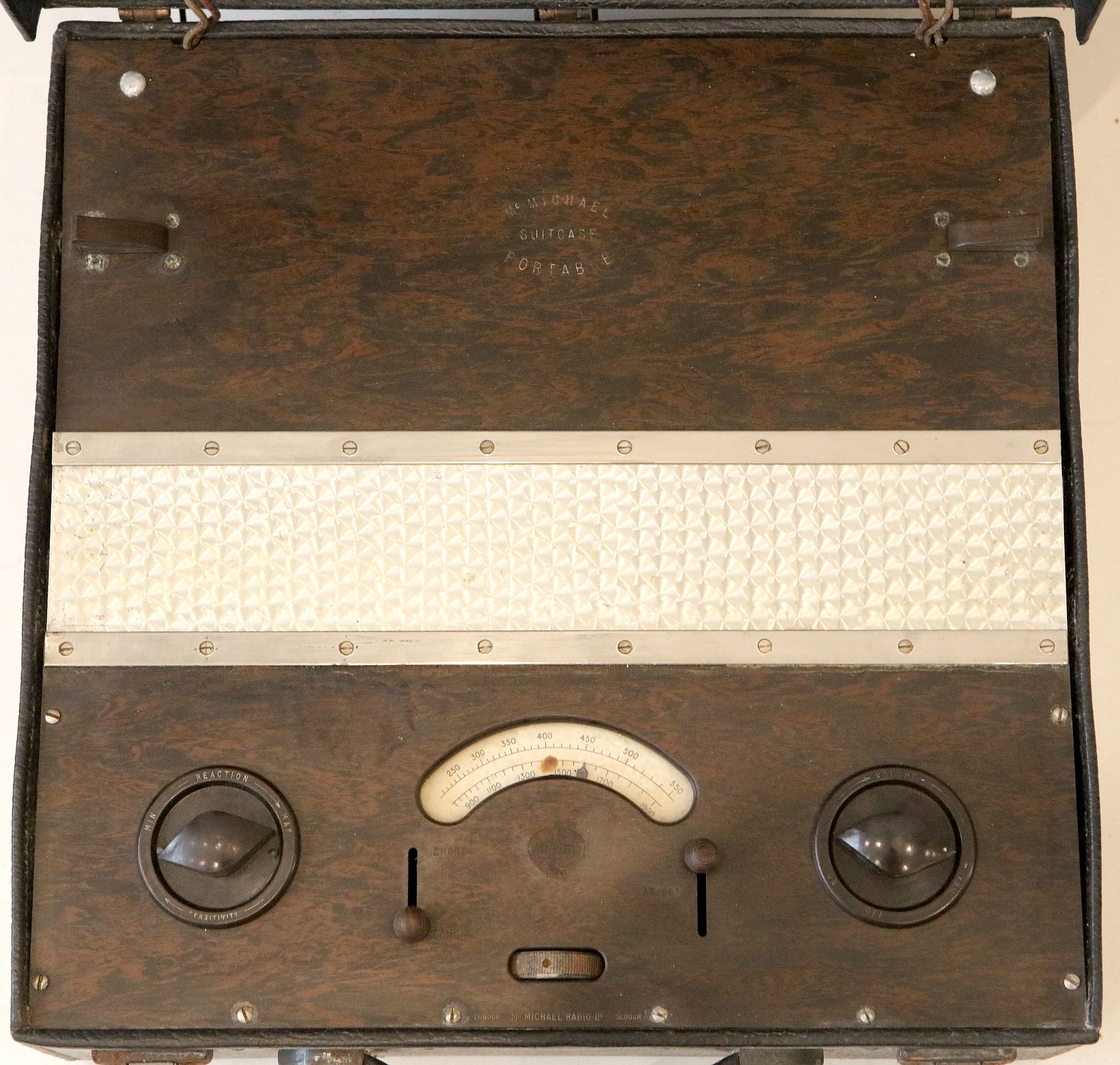 A vintage McMichael suitcase / portable radio with speaker in lid, black finish case, 39 x 39 x 22cm - Image 2 of 3