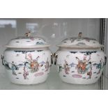 A pair of Chinese ice pots / pails, famille verte, dog of Fo finials, twisted wire handles, mirror