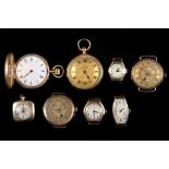 A late 19th century 14k gold cased fob watch, a 14k gold Full Hunter fob watch, two 9ct gold