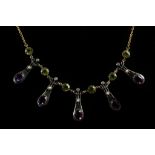 An Art Nouveau  style 9 carat yellow gold, diamond, amethyst and peridot necklace of Suffragette