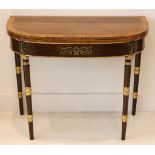 A card table, crossbanded mahogany, green baize, applied brass decoration, gilt painted rings to