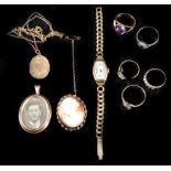 Nine various pieces of jewellery to include 5 x gold rings, gold mounted cameo brooch, lockets and a