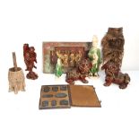 A selection of Chinese items to include two Tang style part glazed terracotta figures, a carved