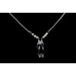 A charming platinum, sapphire, diamond, and pearl necklace, set oval cabouchon sapphire of approx.