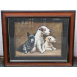 An oil painting study of three puppy Terriers, darkwood frame, 29 x 39cm.
