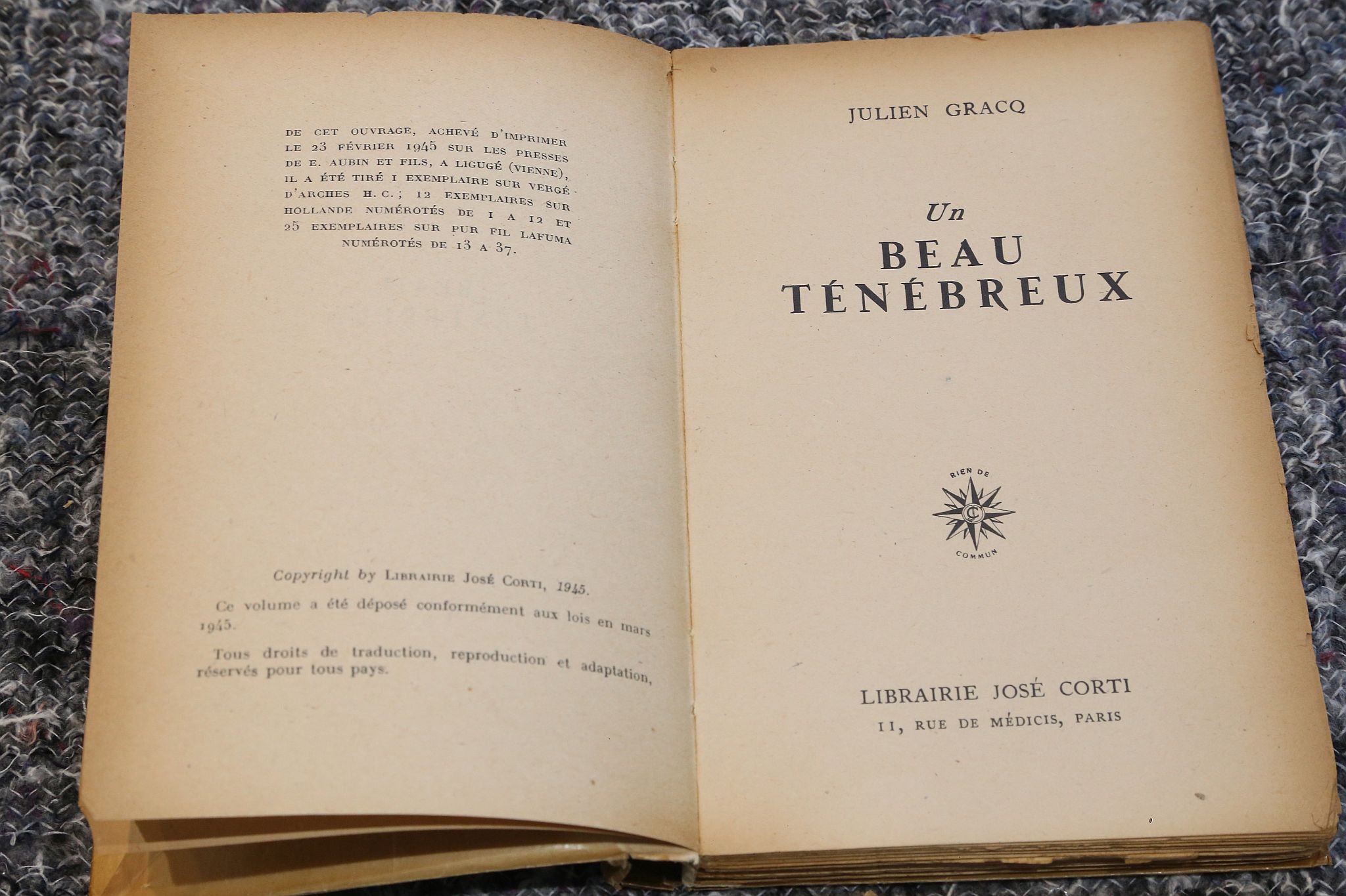 GRACQ, Julien (1910 –2007). Un Beu Tenebreux. Paris: Librairie Jose Corti, 1945. 8vo. (Lightly - Image 2 of 3