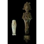 THREE EGYPTIAN ARTEFACTS Late Period, circa 664-332 B.C. Including a bronze figure of Osiris, with