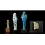 THREE EGYPTIAN GLAZED COMPOSITION SHABTIS AND A FRAGMENT Third Intermediate Period to Late Period,